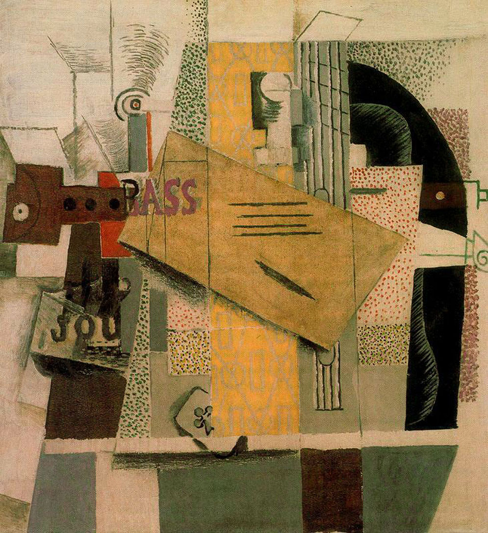 Picasso Clarinet, bottle of bass, newspaper, ace of clubs 1913